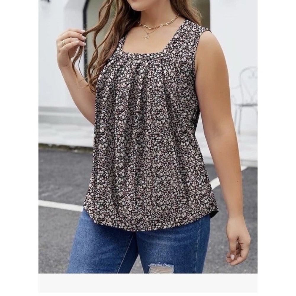 KTILG Pleated Top Women XL Black NWT Floral Square Neck Sleeveless Flowy C1051